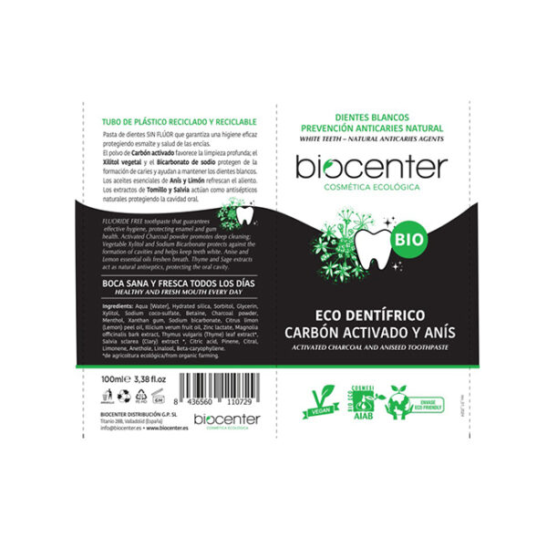 BIOCENTER PASTA DE DIENTES NATURAL DE CARBÓN ACTIVADO Y ANÍS - ECOLÓGICA Y VEGANA