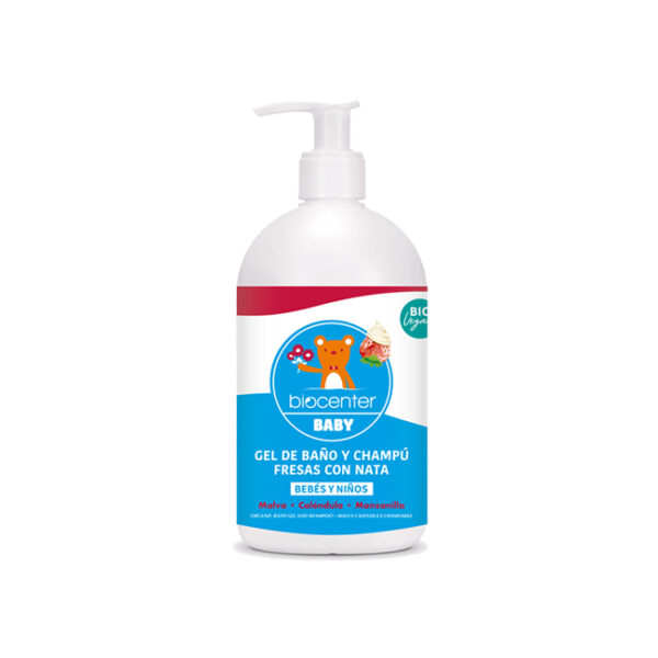 BIOCENTER Gel de baño y Champú natural para NIÑOS - 500 ml Fresas con Nata - Ecológico y vegano