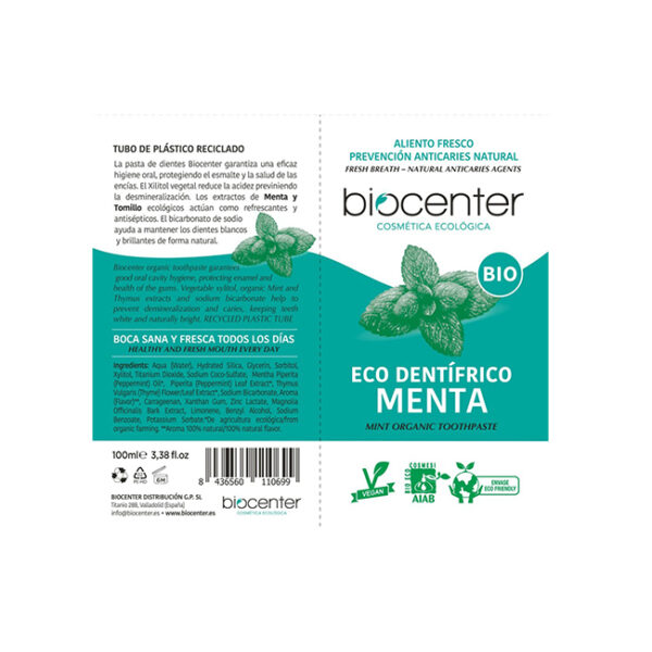 BIOCENTER Pasta de dientes natural de MENTA - Ecológica y Vegana